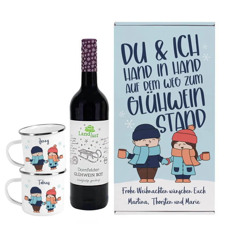 Hand in Hand zum Glühweinstand - Geschenkset zu Weihnachten mit Glühwein, Tassen und Box