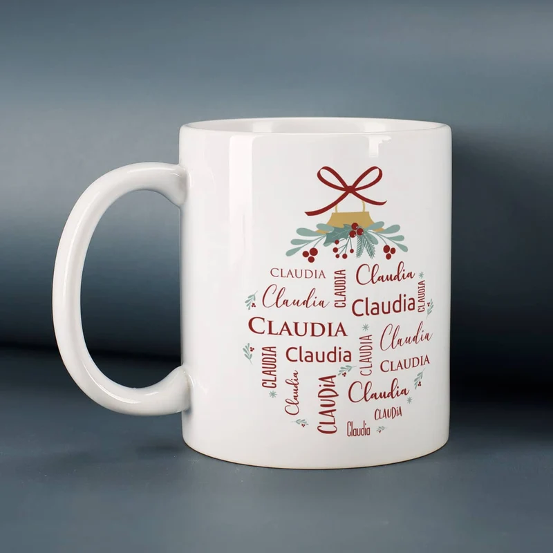 Tasse und Schokolade zu Weihnachten in hübscher Jutetüte mit persönlichem Anhänger