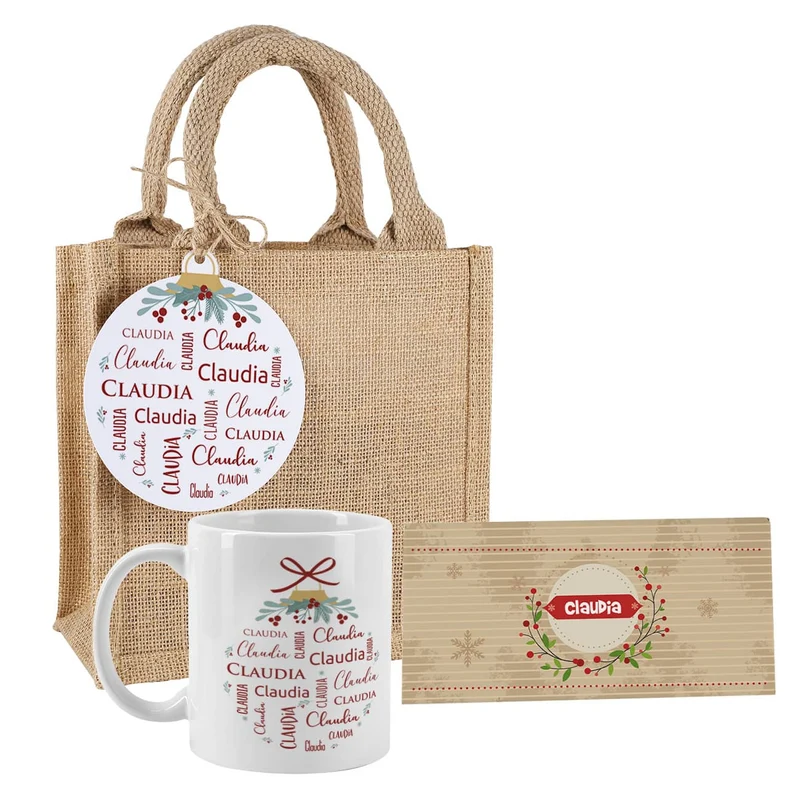 Tasse und Schokolade zu Weihnachten in hübscher Jutetüte mit persönlichem Anhänger