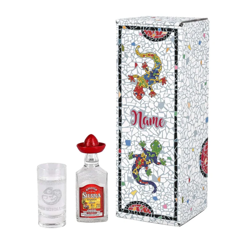 Mexikanisches Tequila Geschenk-Set mit graviertem Tequilaglas und Tequilaflasche