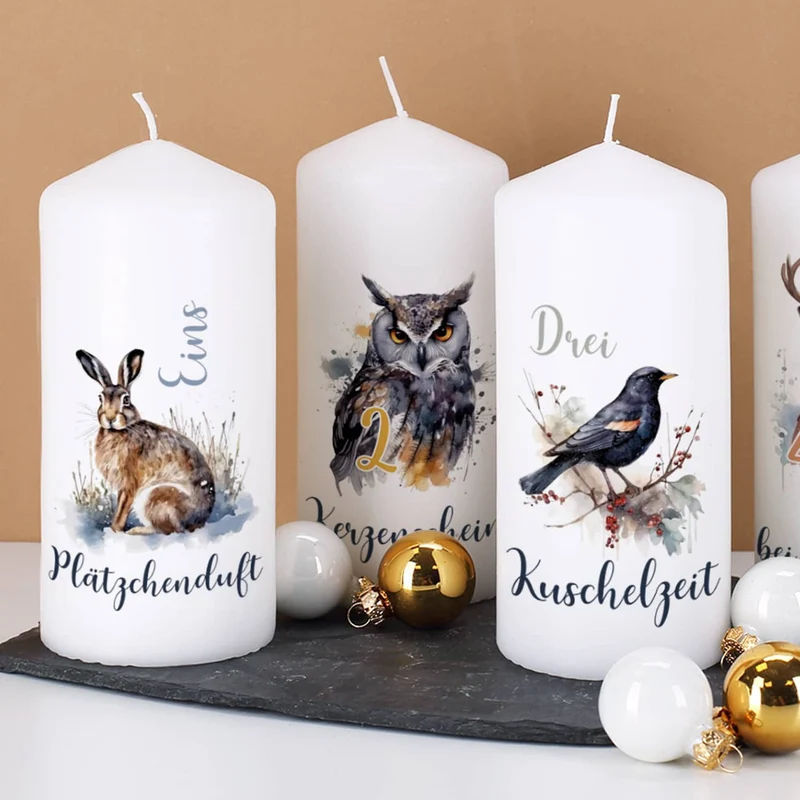 4er Set Adventskerzen mit Wintertieren und Wunschtext