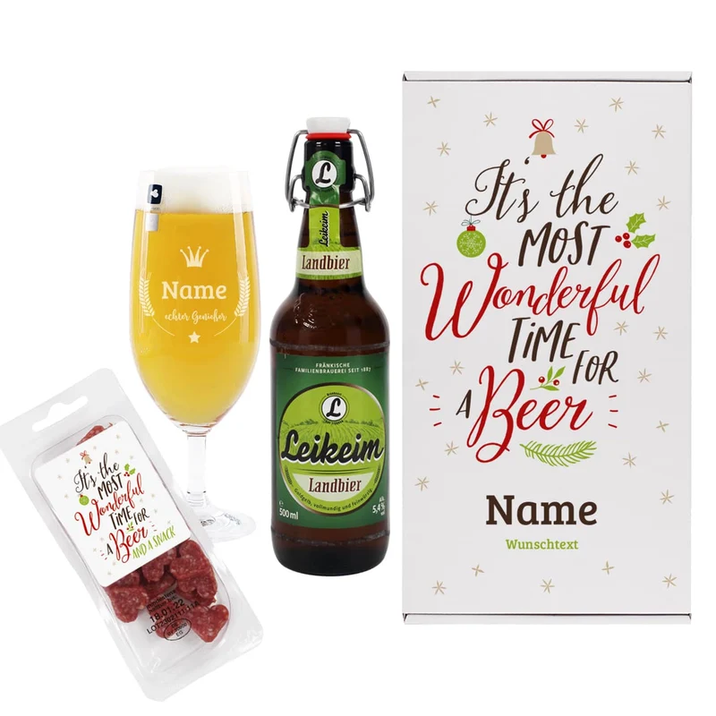 Bier-Geschenkset zu Weihnachten mit gravierter Pilstulpe, Bierflasche und Salami-Herzen