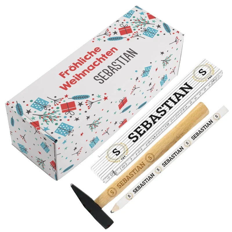 Weihnachtsgeschenk für Heimwerker mit Box, Hammer, Zollstock und Bleistift
