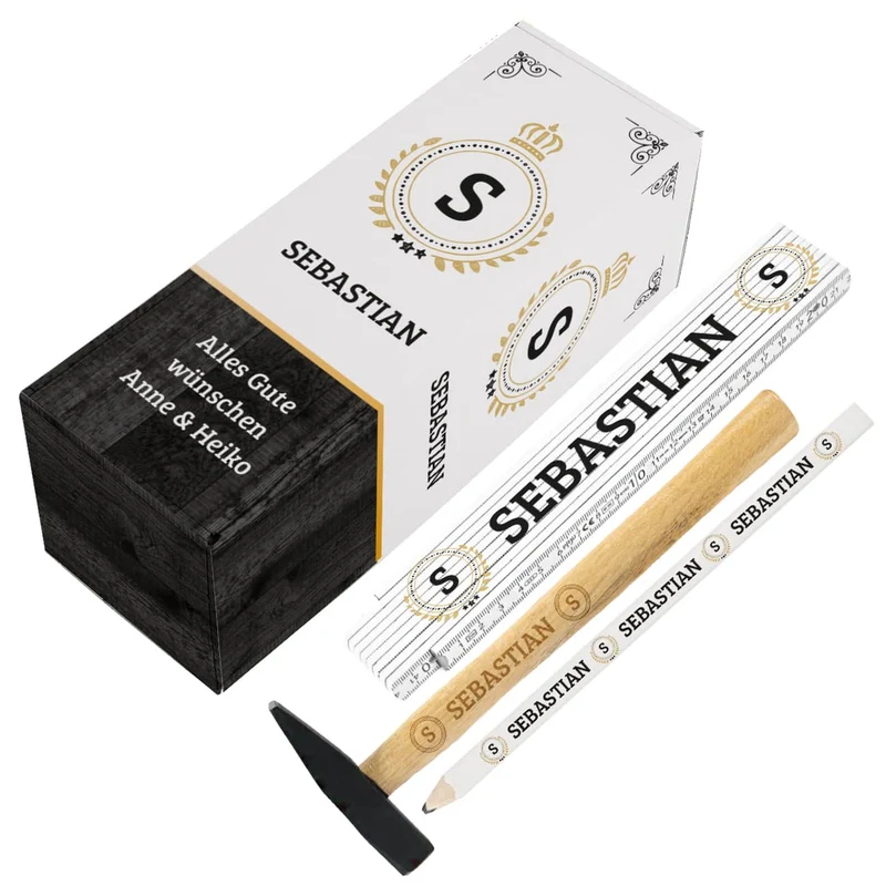 Geschenkset für Handwerker mit Hammer, Zollstock, Bleistift und persönlicher Verpackung