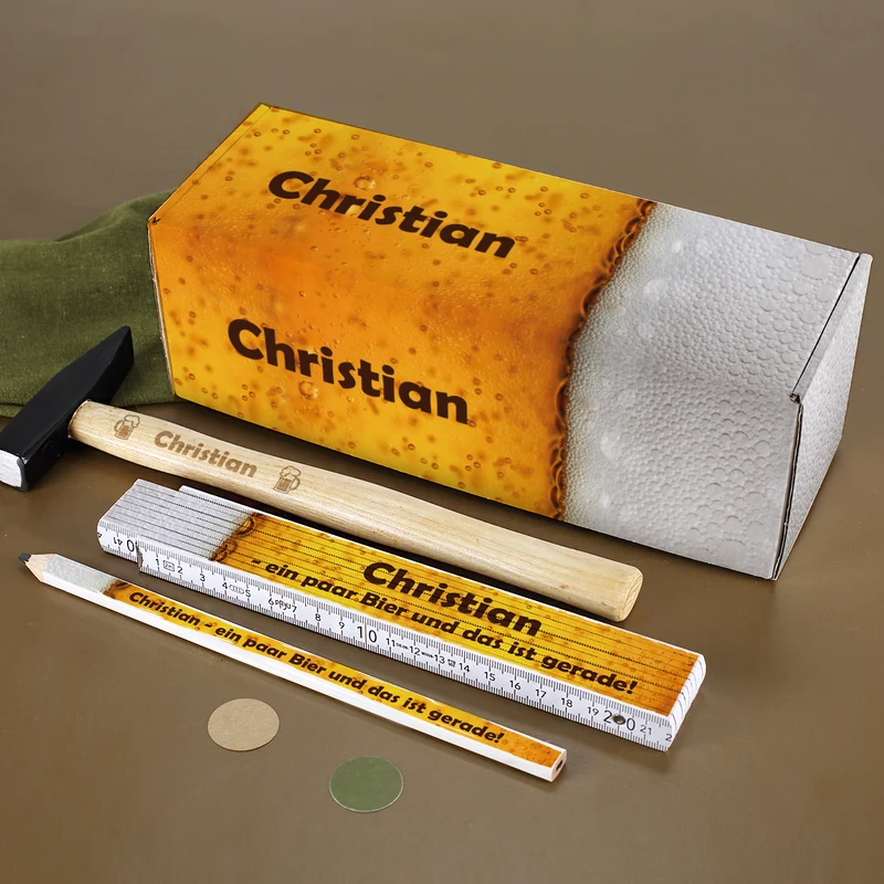 Handwerker Geschenkset für Männer mit Biermotiv - Box, Zollstock, Bleistift und Hammer