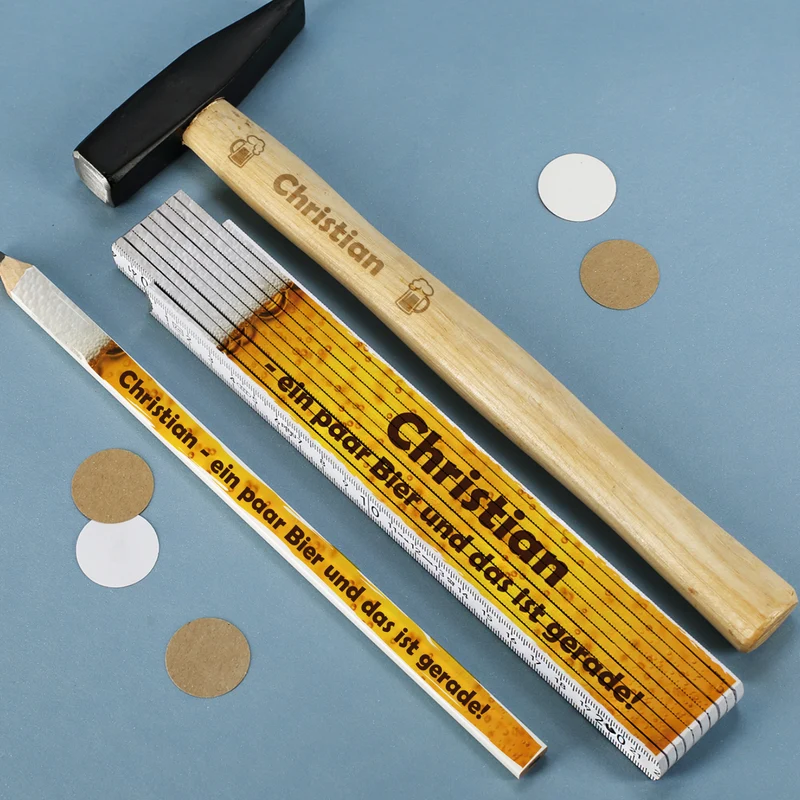 Handwerker Geschenkset für Männer mit Biermotiv - Box, Zollstock, Bleistift und Hammer