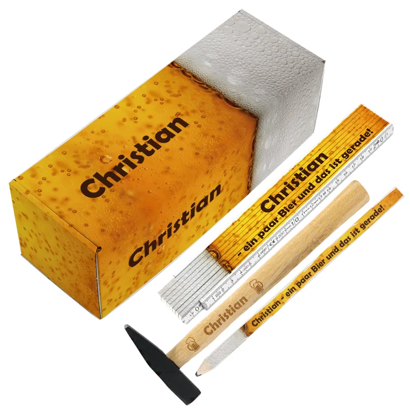 Handwerker Geschenkset für Männer mit Biermotiv - Box, Zollstock, Bleistift und Hammer