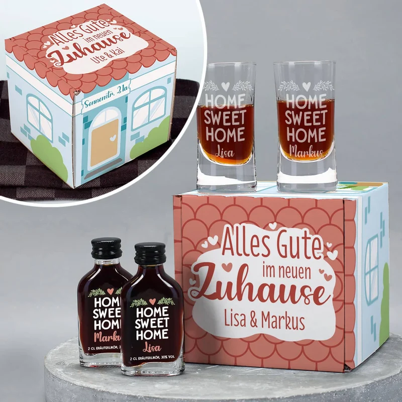 Alles Gute im neuen Zuhause - Schnaps-Geschenkset zum Einzug verpackt als kleines Haus