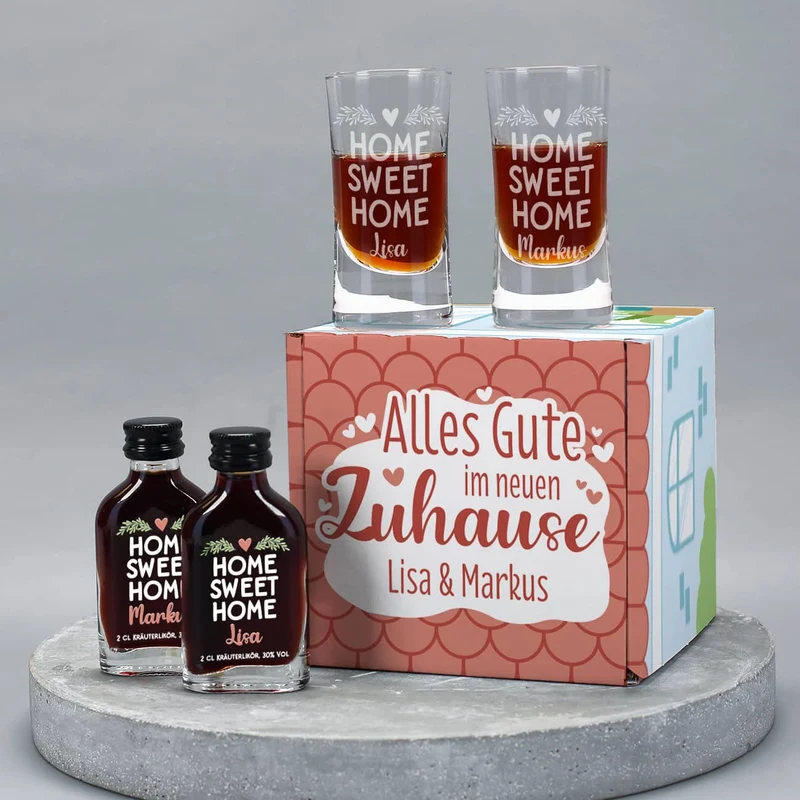 Alles Gute im neuen Zuhause - Schnaps-Geschenkset zum Einzug verpackt als kleines Haus
