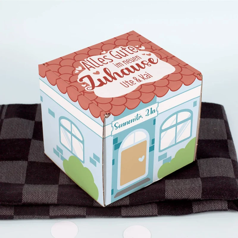 Alles Gute im neuen Zuhause - Schnaps-Geschenkset zum Einzug verpackt als kleines Haus