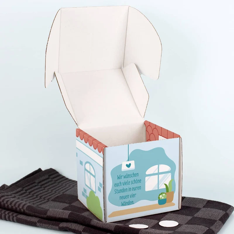 Alles Gute im neuen Zuhause - Schnaps-Geschenkset zum Einzug verpackt als kleines Haus