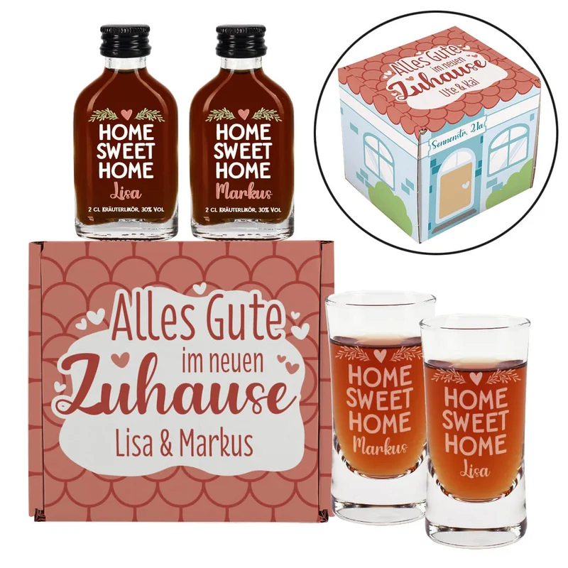 Alles Gute im neuen Zuhause - Schnaps-Geschenkset zum Einzug verpackt als kleines Haus