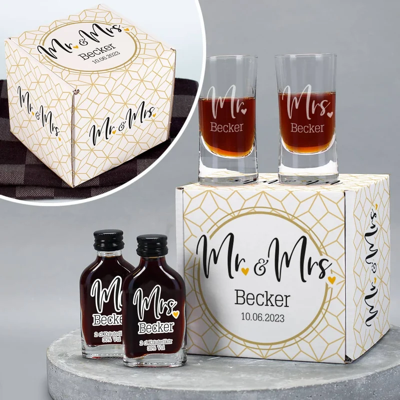 Mr. & Mrs. - Geschenkset zum Polterabend mit Kräuterlikör, Schnapsgläsern und persönlicher Box