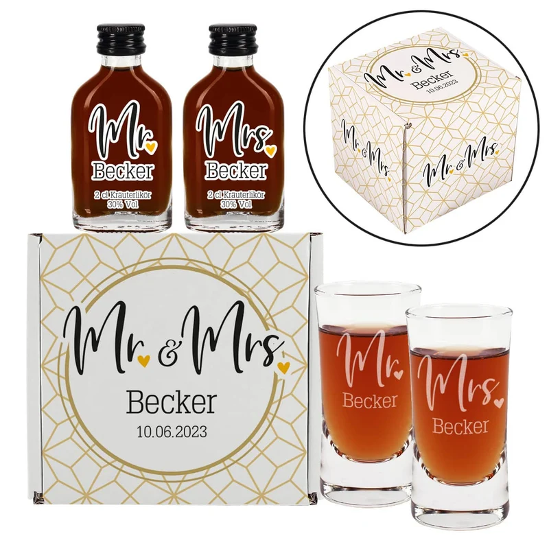 Mr. & Mrs. - Geschenkset zum Polterabend mit Kräuterlikör, Schnapsgläsern und persönlicher Box
