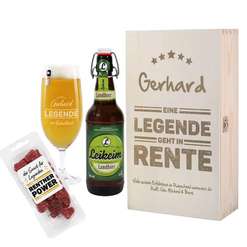 Legende in Rente - Geschenkset zum Ruhestand mit Bier, Glas und Snack