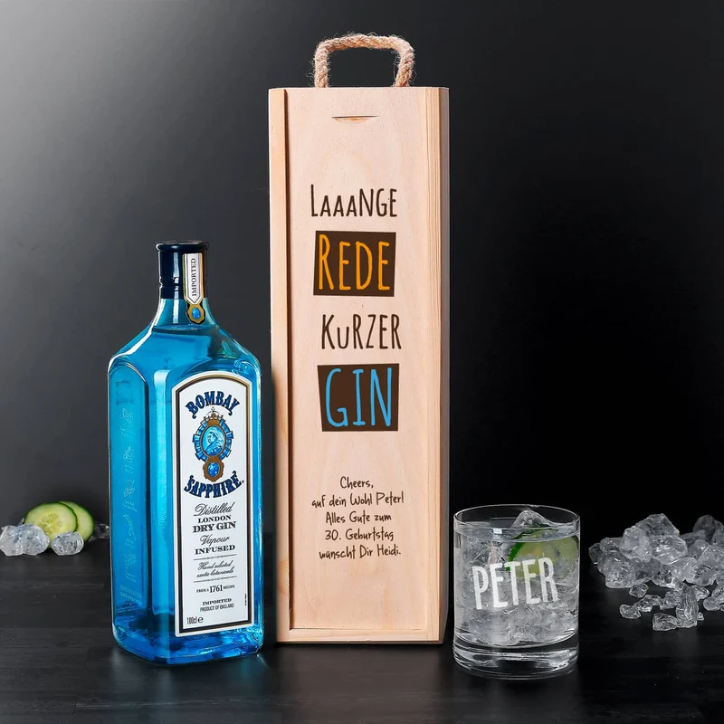 Bombay-Gin im Geschenk-Set mit graviertem Glas in bedruckter Holzkiste