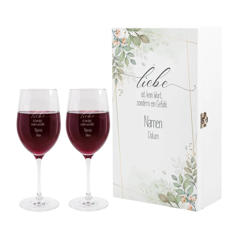 Liebe ist kein Wort, sondern ein Gefühl - Geschenkbox zur Hochzeit mit zwei gravierten Weingläsern