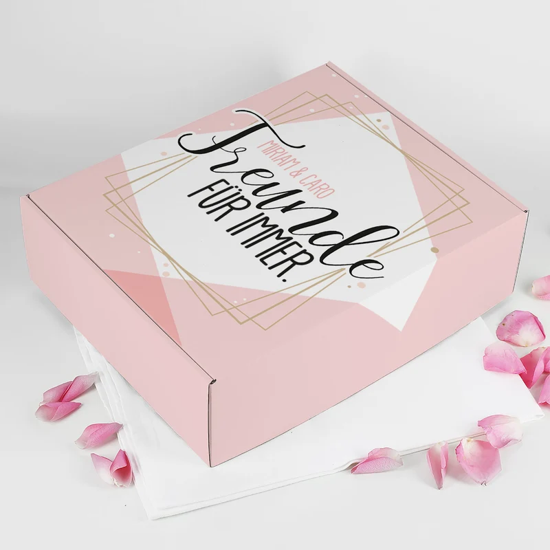 Geschenkset "Freunde für immer" in personalisierter Geschenkbox mit Biorebe Wein und Gläsern