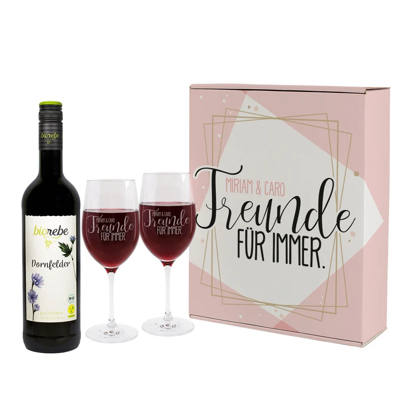 Geschenkset "Freunde für immer" in personalisierter Geschenkbox mit Biorebe Wein und Gläsern