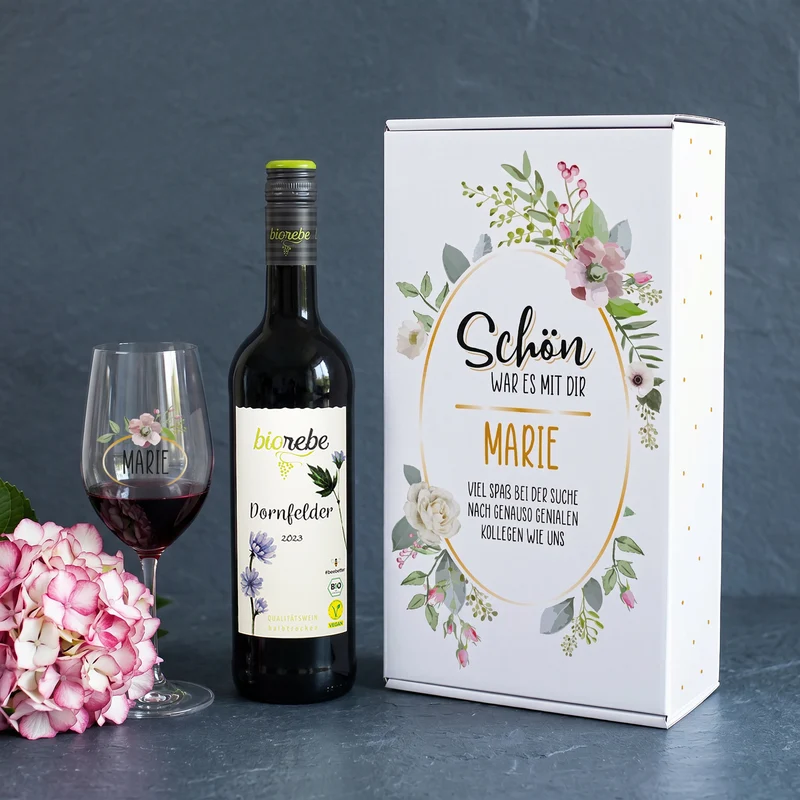 Schön, war es mit dir - Weingeschenkset zum Abschied mit Biorebe Wein, Glas und Geschenkbox