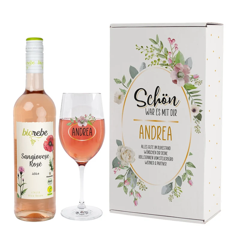 Schön, war es mit dir - Weingeschenkset zum Abschied mit Biorebe Wein, Glas und Geschenkbox