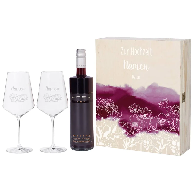 Wein-Geschenkset zur Hochzeit mit zwei gravierten Gläsern in einer persönlich gestalteten Holzbox