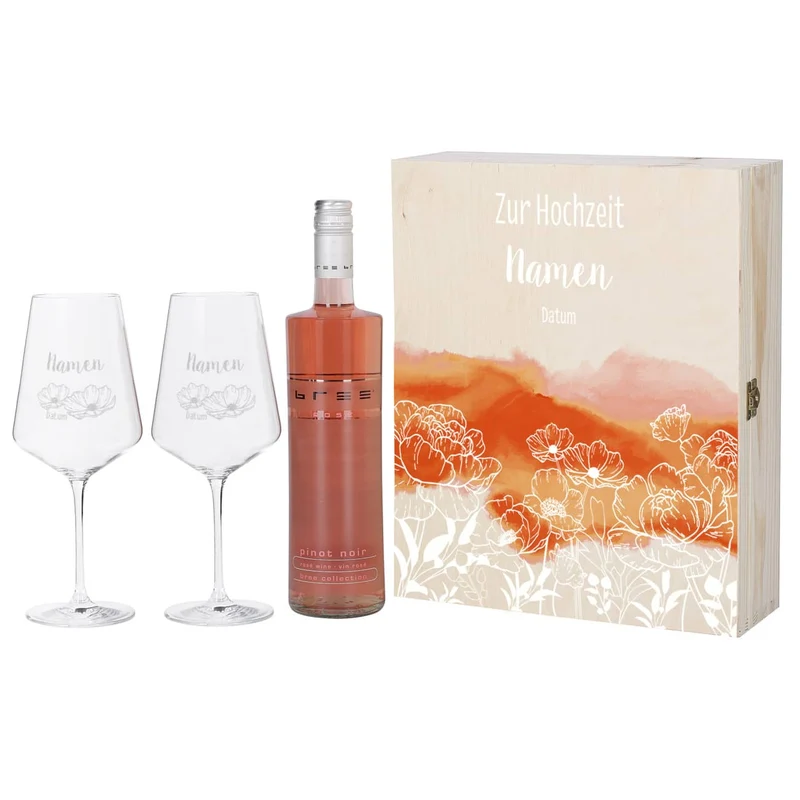 Wein-Geschenkset zur Hochzeit mit zwei gravierten Gläsern in einer persönlich gestalteten Holzbox