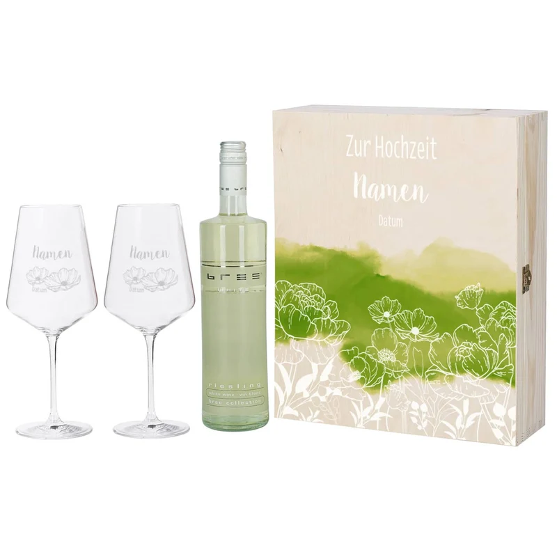 Wein-Geschenkset zur Hochzeit mit zwei gravierten Gläsern in einer persönlich gestalteten Holzbox