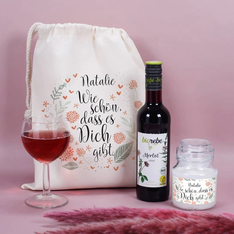 Wie schön, dass es Dich gibt. - Geschenkset mit Wein und Duftkerze