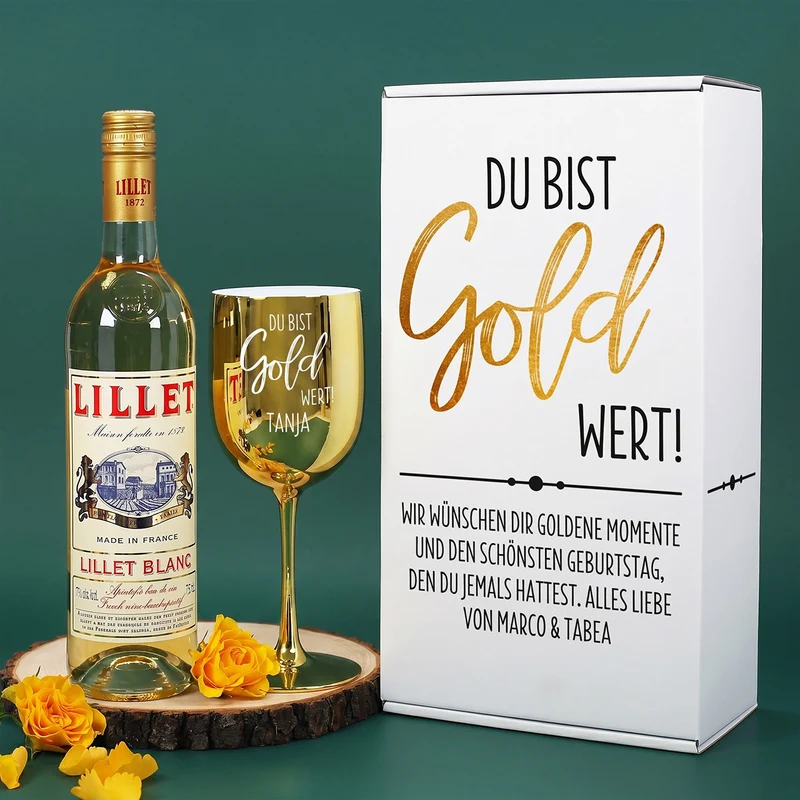 Du bist Gold wert! - Lillet Geschenkset mit Trinkkelch und Präsentbox