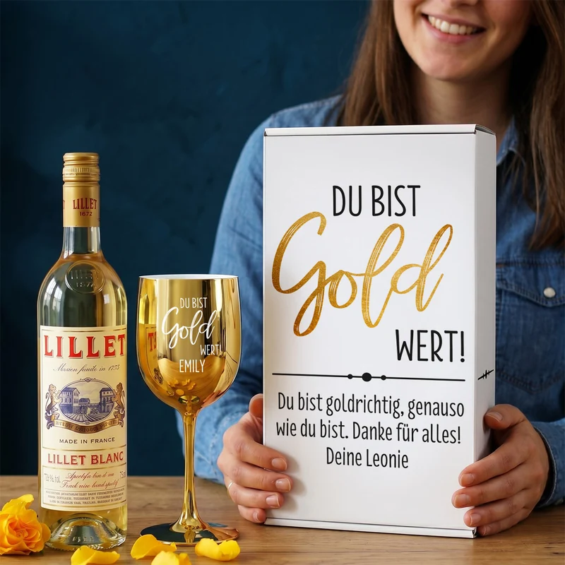Du bist Gold wert! - Lillet Geschenkset mit Trinkkelch und Präsentbox