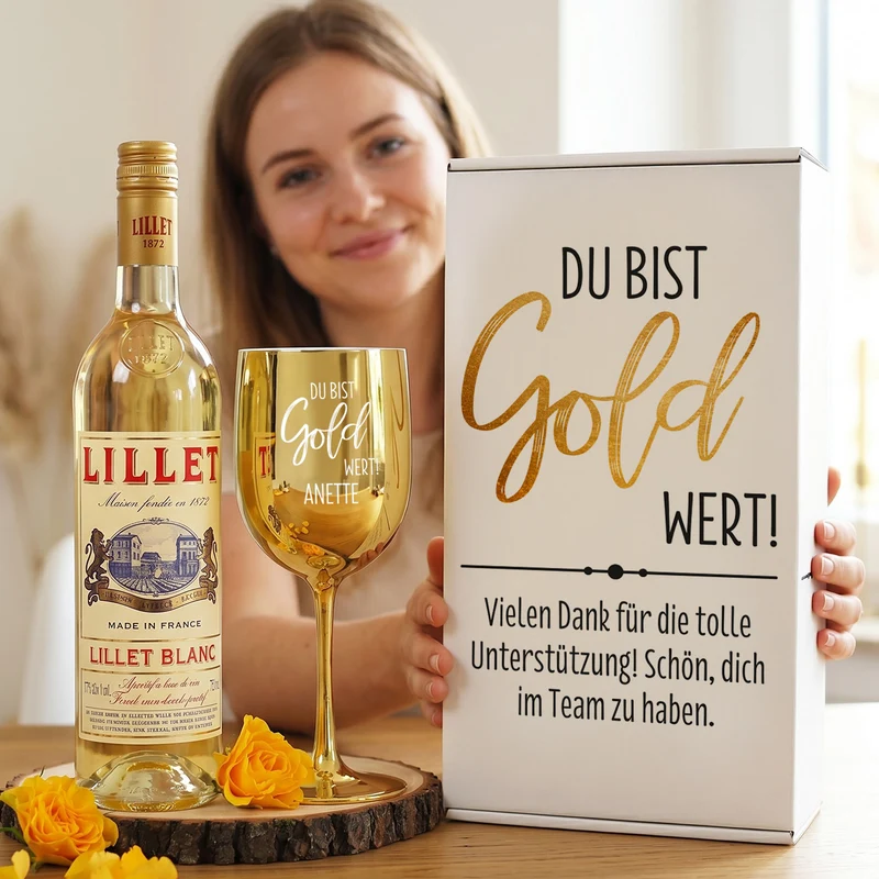 Du bist Gold wert! - Lillet Geschenkset mit Trinkkelch und Präsentbox
