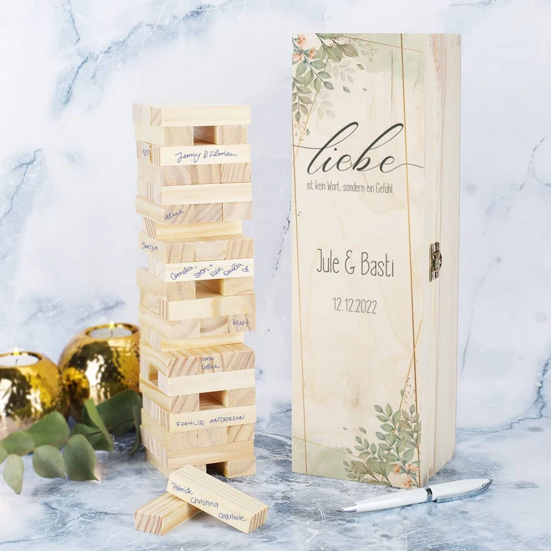 Wackelturm als Gästebuch zur Hochzeit mit persönlicher Holzbox