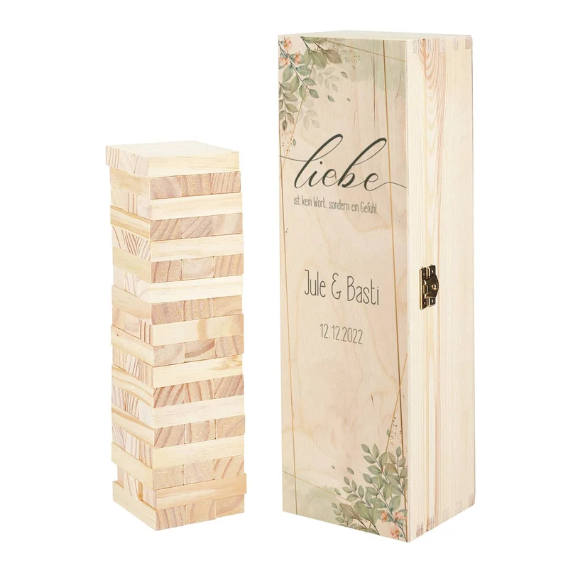 Wackelturm als Gästebuch zur Hochzeit mit persönlicher Holzbox