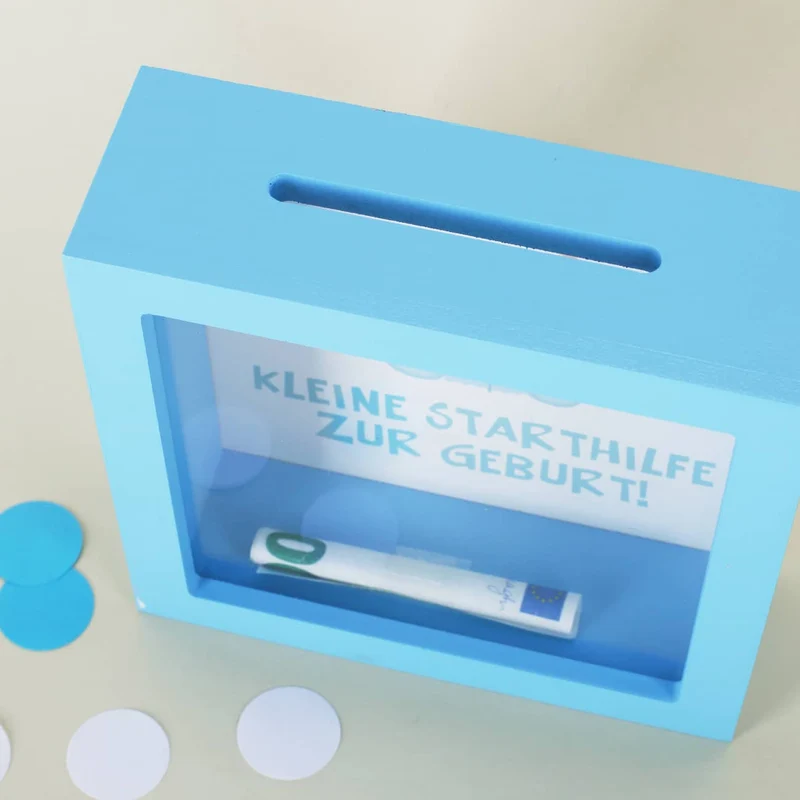 blaue Bilderrahmenspardose zur Geburt