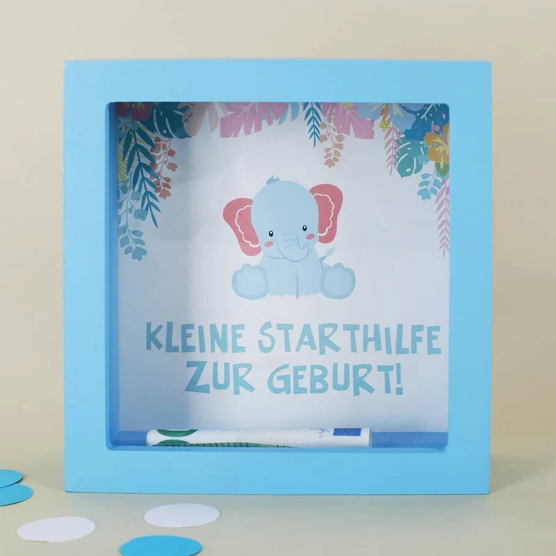 blaue Bilderrahmenspardose zur Geburt