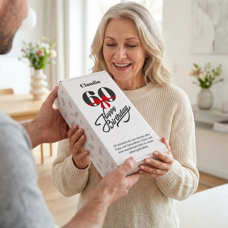 Weinset zum 60. Geburtstag mit graviertem Weinglas in Geschenkbox