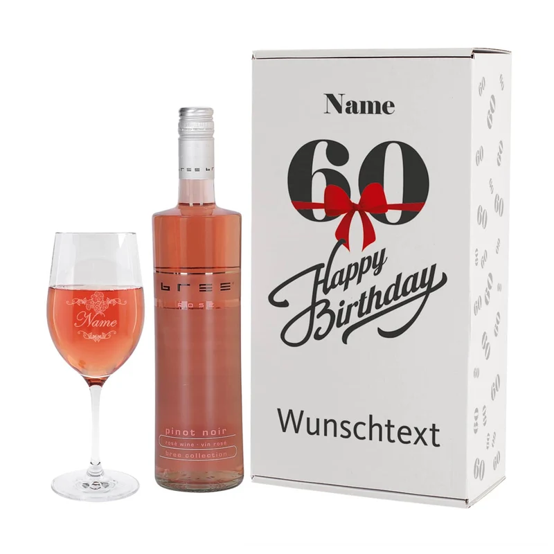 Weinset zum 60. Geburtstag mit graviertem Weinglas in Geschenkbox