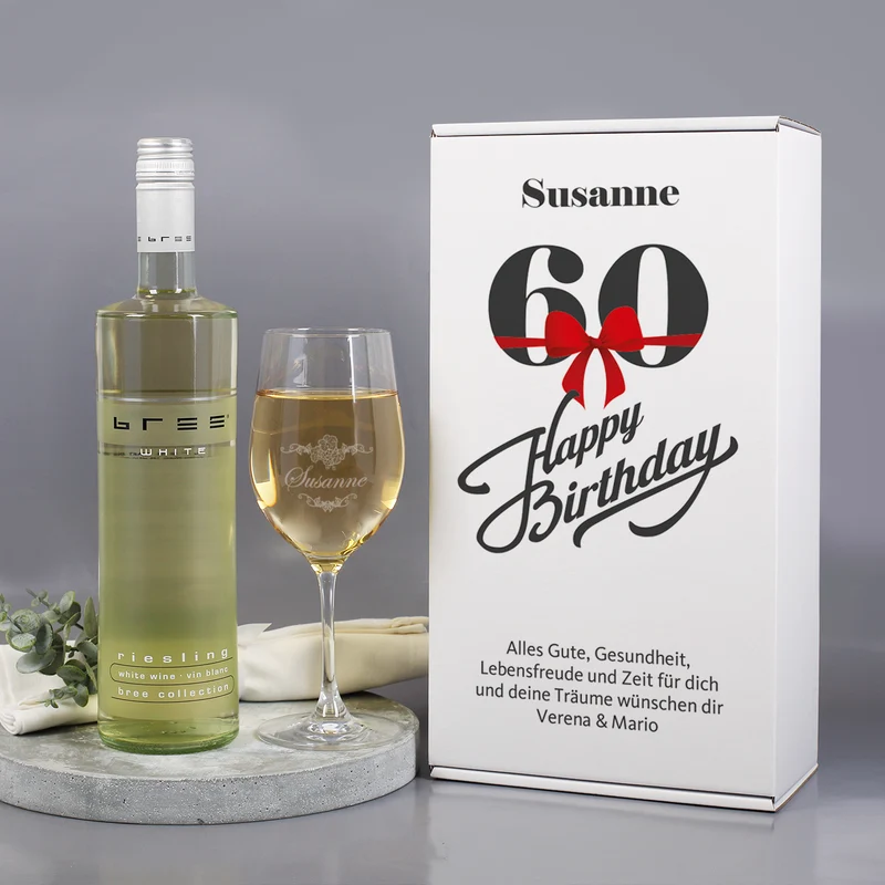 Weinset zum 60. Geburtstag mit graviertem Weinglas in Geschenkbox