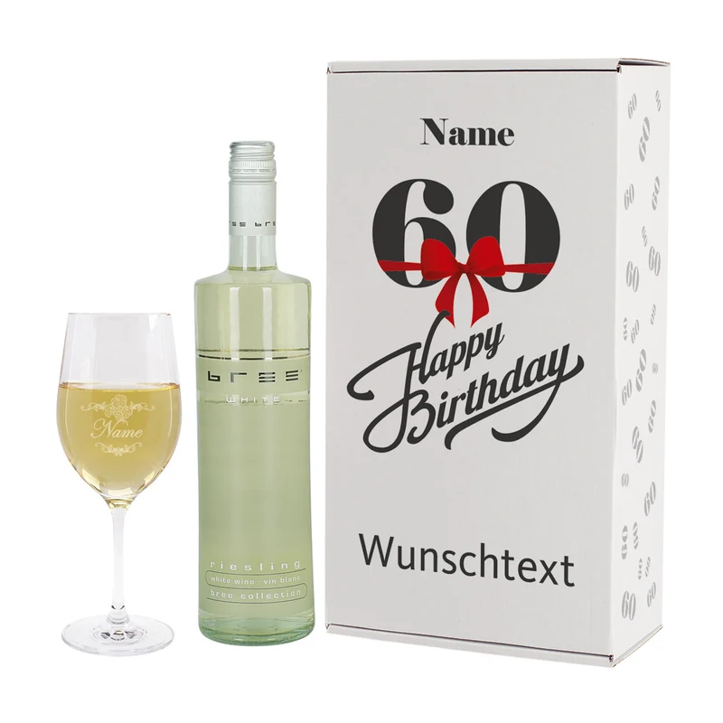 Weinset zum 60. Geburtstag mit graviertem Weinglas in Geschenkbox