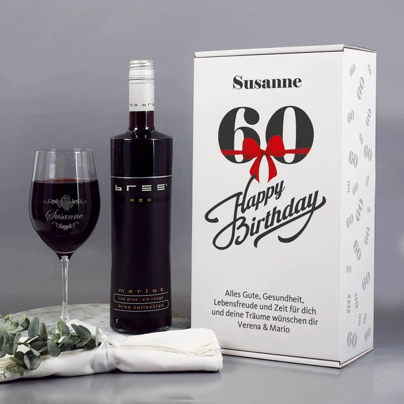 Weinset zum 60. Geburtstag mit graviertem Weinglas in Geschenkbox