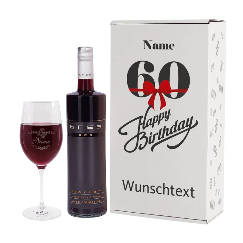 Weinset zum 60. Geburtstag mit graviertem Weinglas in Geschenkbox