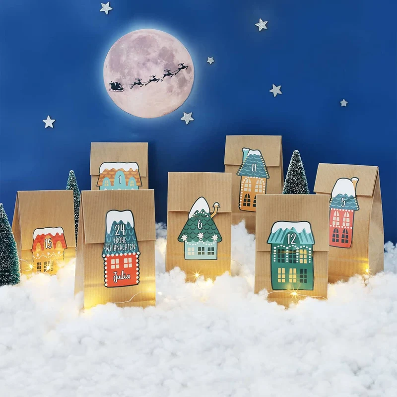DIY Adventskalender Weihnachtsstadt - 24 Papiertüten und Aufkleber