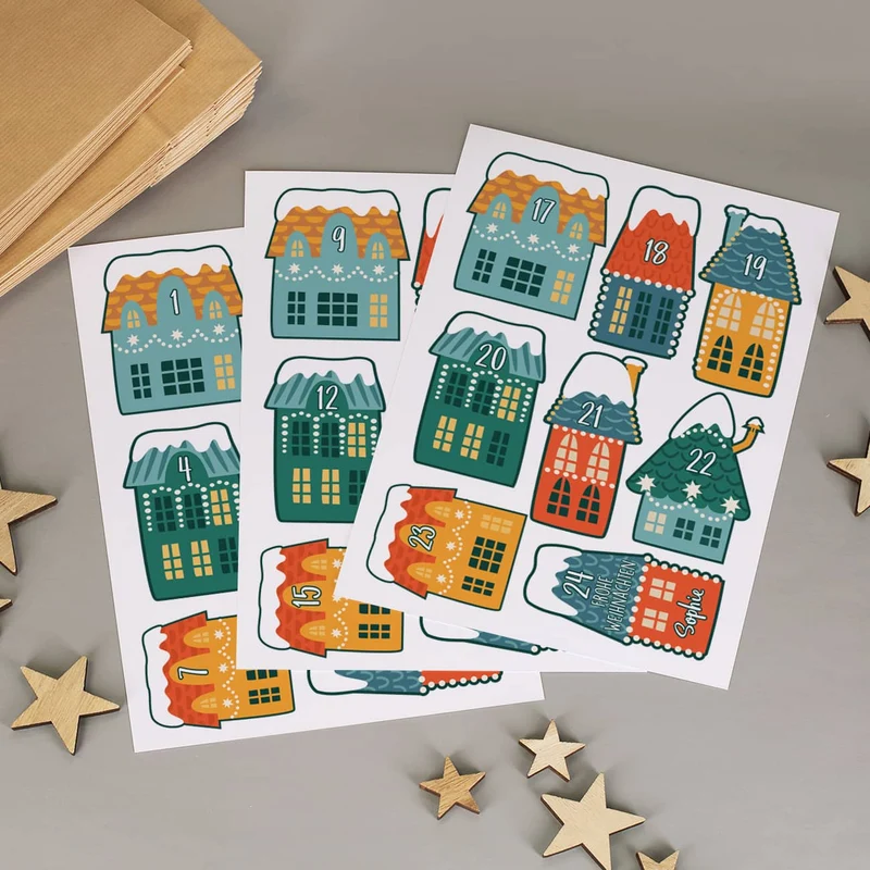 DIY Adventskalender Weihnachtsstadt - 24 Papiertüten und Aufkleber