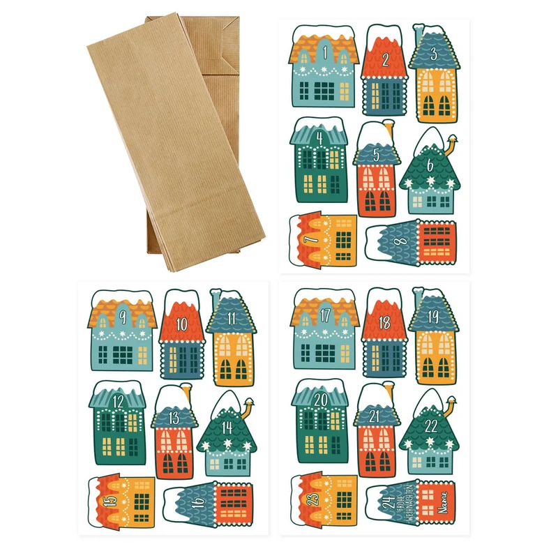 DIY Adventskalender Weihnachtsstadt - 24 Papiertüten und Aufkleber