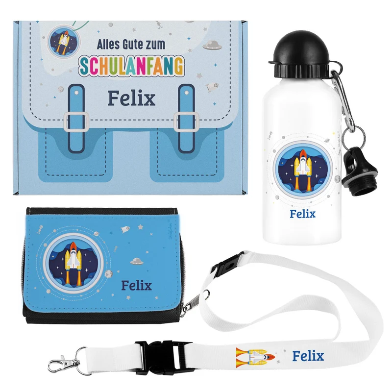 Geschenkset zur Einschulung mit Raumschiff-Motiv und Name