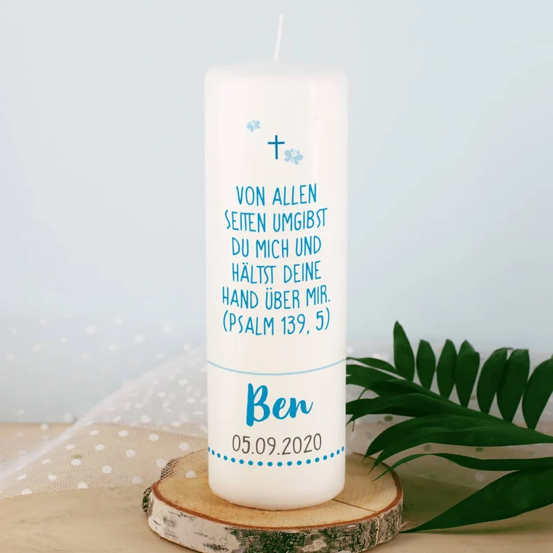 Taufkerze blauer Lebensbaum mit passender Patenkerze