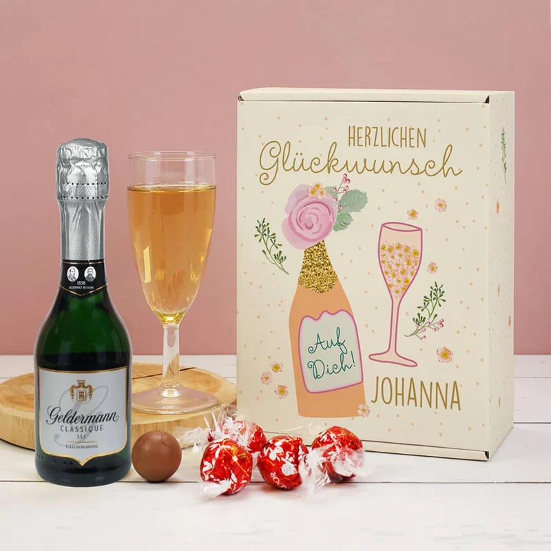 Herzlichen Glückwunsch - Geschenkset mit Sekt und Lindor Kugeln in bedruckter Box