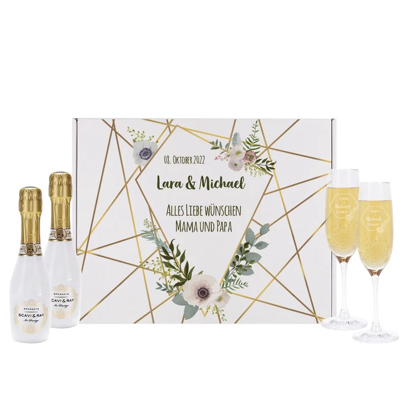 Sekt Geschenkset zur Hochzeit mit Box, 2 Gläsern und 2 kleinen Sektflaschen