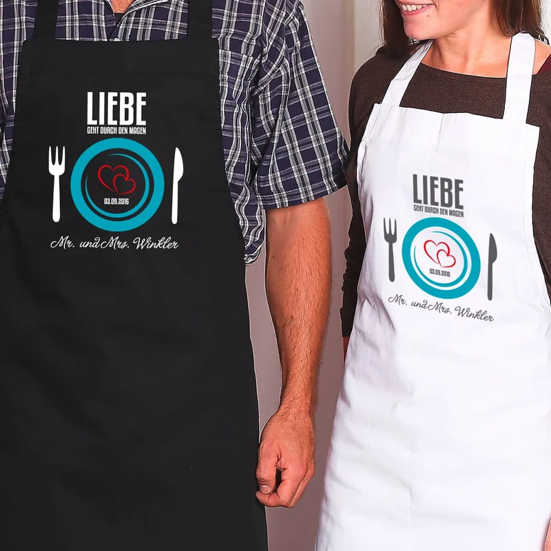 Persönliches Schürzenset zur Hochzeit - Liebe geht durch den Magen